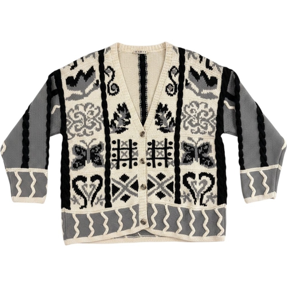 Vintage Mixit Cardigan Women Medium Floral Butterfly Coquette Gray Black White